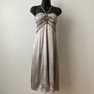 Y2k Maria Bianca Nero M Champagne VTG Fairy Halter Midi Dress Beaded Lace Trim